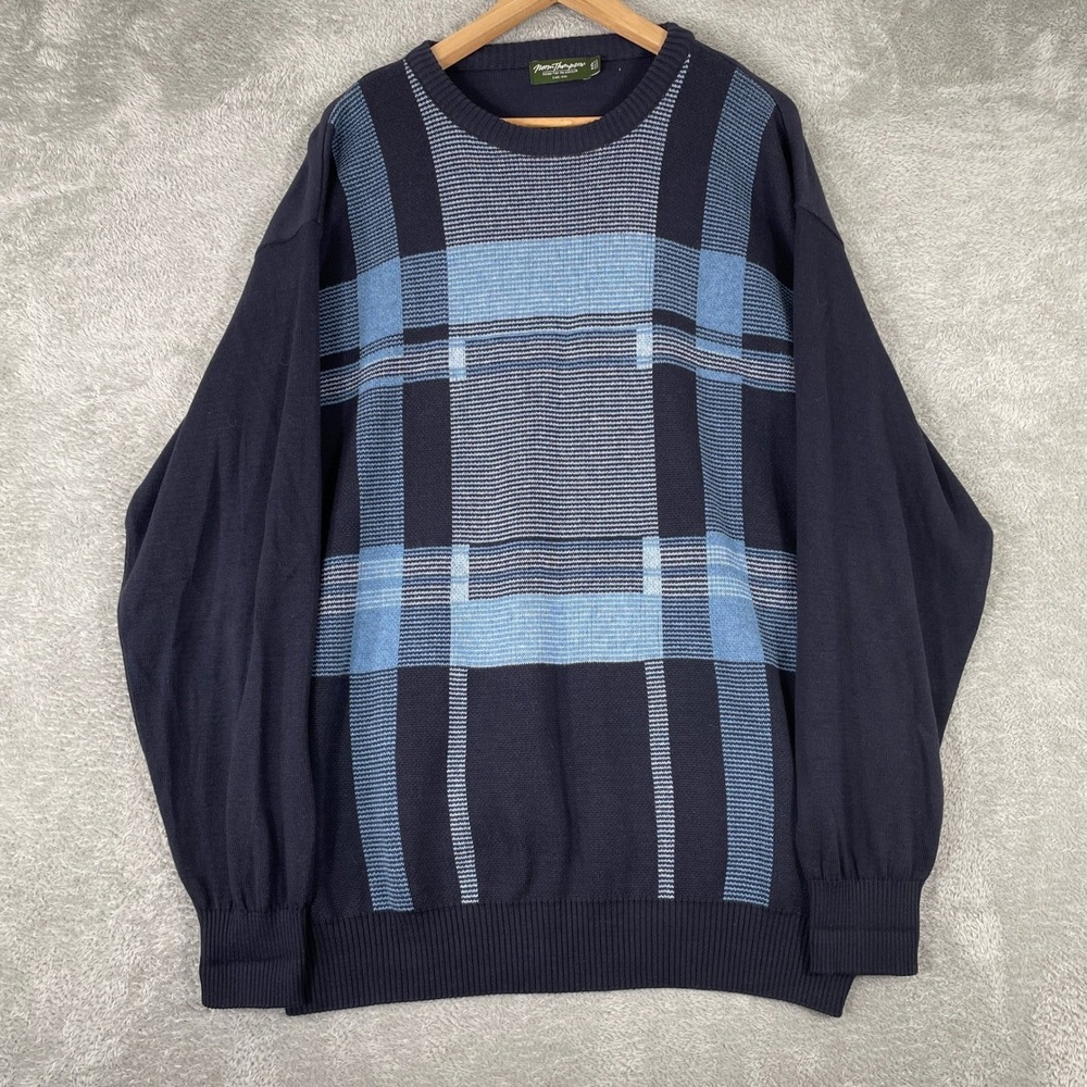 Norm Thompson Sweater Mens 2XL Blue Plaid Cotton Knit Crewneck Pullover Canada